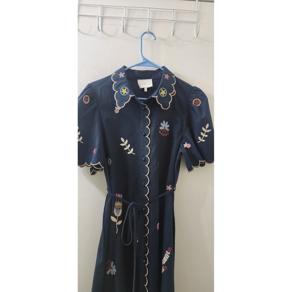 MABLE Navy Blue Embroidered‎ Scalloped Linen Blend Mini Shirt Dress MD4896A M - Picture 2 of 10